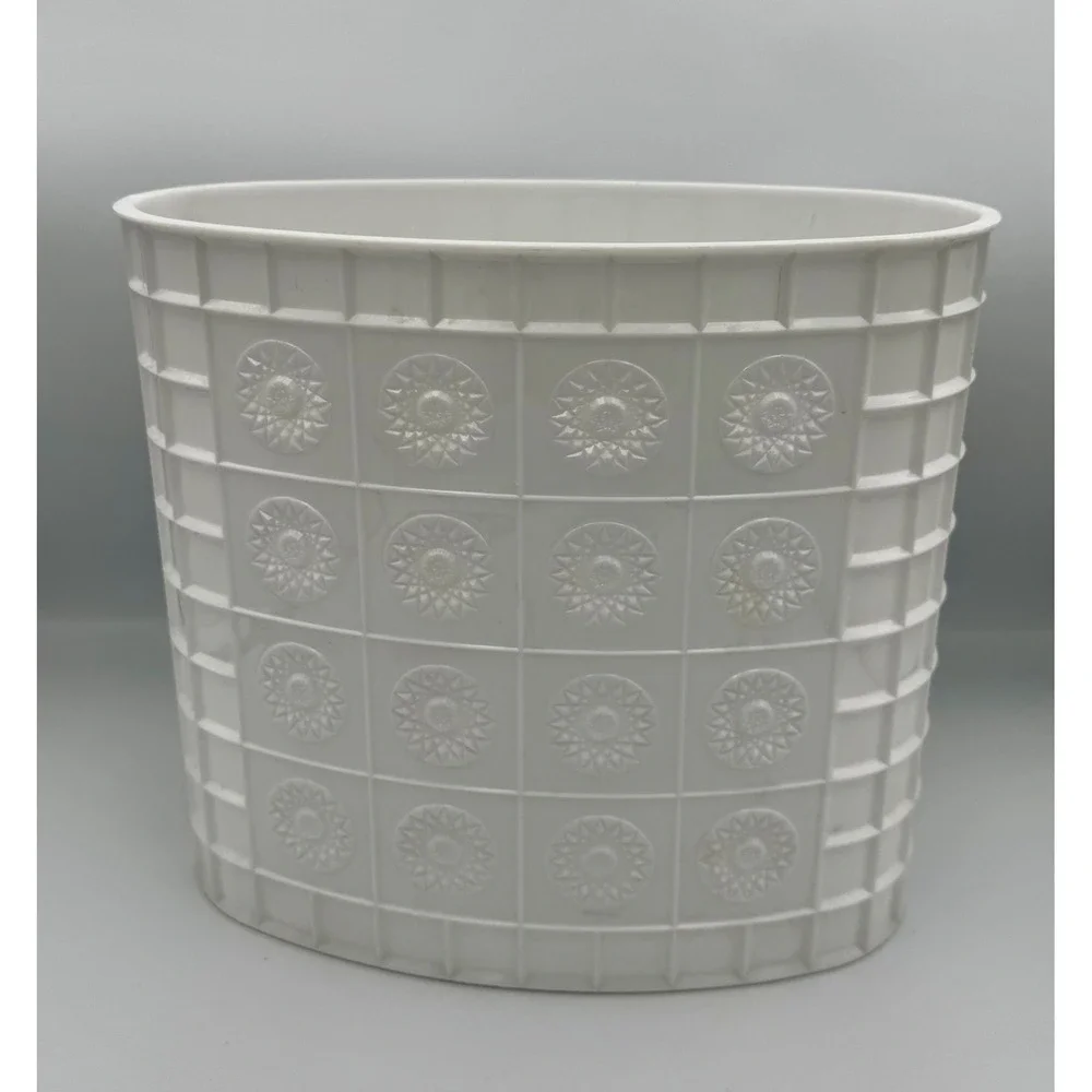 Vintage MCM Starburst Wastebasket Festival Reflections White Plastic Trash Can
